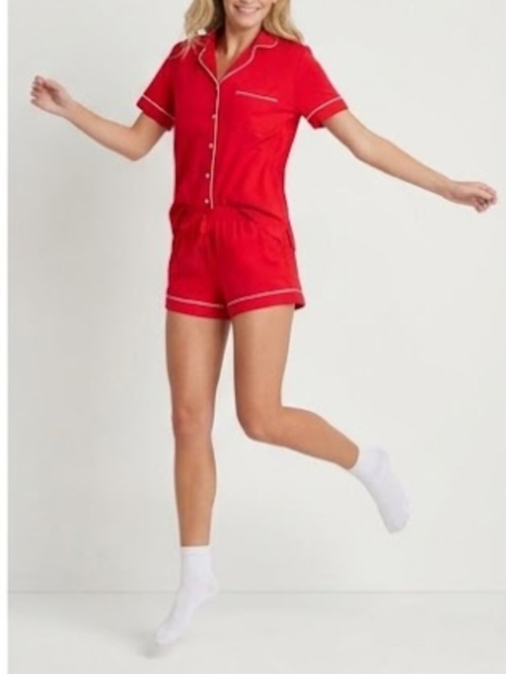 Auden - Cloud Knit Short Sleeve Classic Piped Pajama Pjs Sleepwear | XS | Red